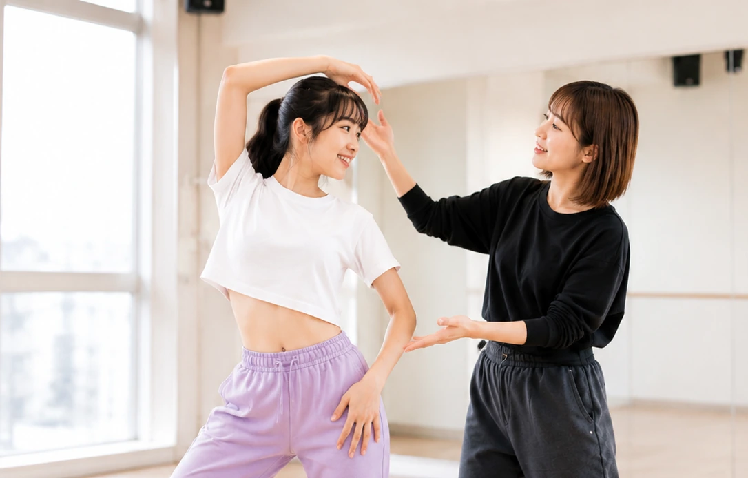 講師とダンスを練習する女性